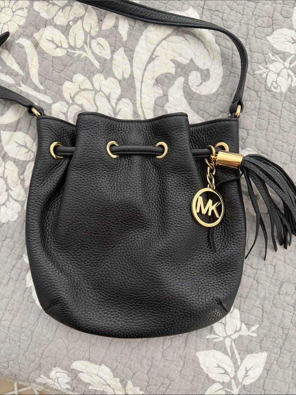 Michael Kors Black Pebbled Leather Tassel Drawstring Crossbody